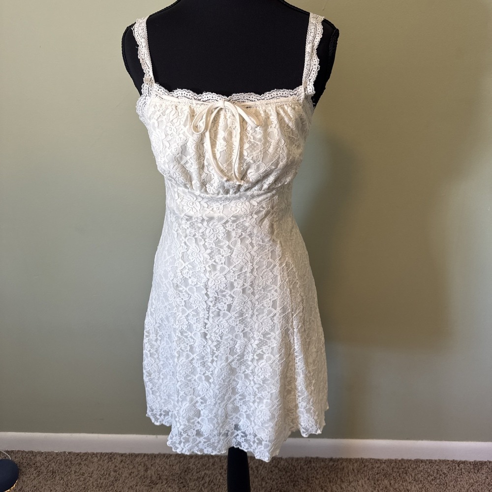 Forever 21 White Lace Mini Dress Babydoll Coquette Cottagecore Slip Bow Medium